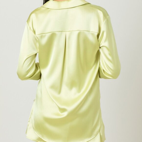MYSTREE Yellow Satin Blouse – Long Sleeve Button Down Top Dressy Silky Shirt - Picture 2 of 4